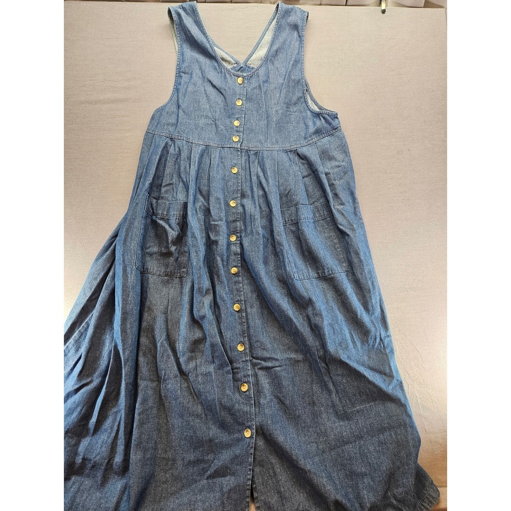 Main Street Blues Vintage Denim Jumper Dress Blue Cotton Button Front Midi Large